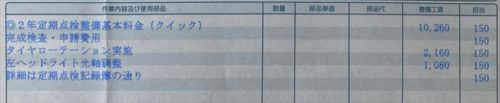 車検のコバック（クイック車検）の料金明細書