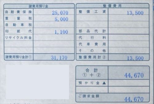 車検のコバック（クイック車検）の料金明細書